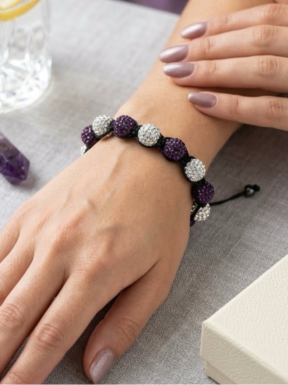 Crystal Pavé Beaded Black Purple Rhinestone Kikiballa Bracelet